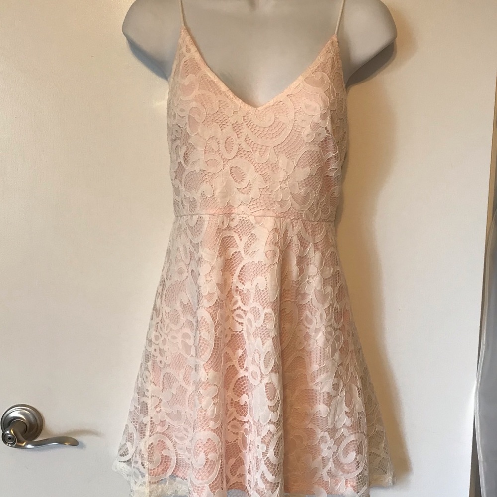 light pink lacy spaghetti strap mini dress